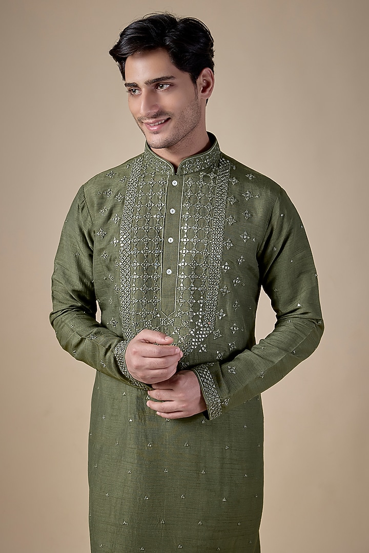 Olive Silk Kurta Set by SAMMOHAN at Pernia's Pop Up Shop