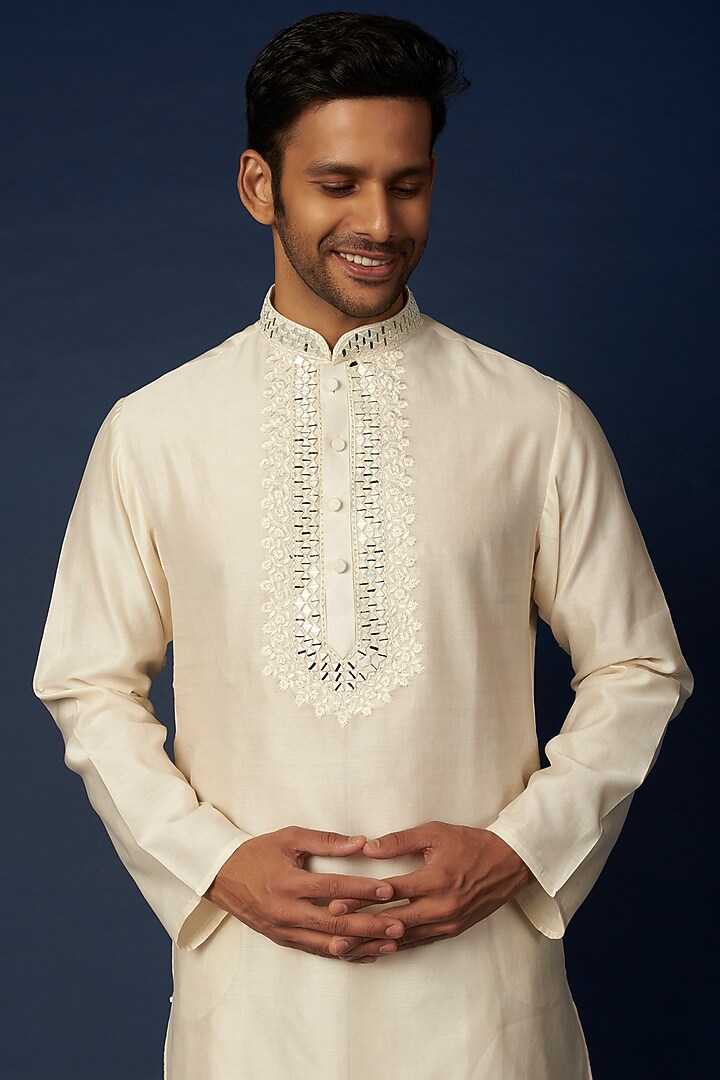 Beige Pure Chanderi Zari Thread Embroidered Kurta Set by ALOUKIK at Pernia's Pop Up Shop