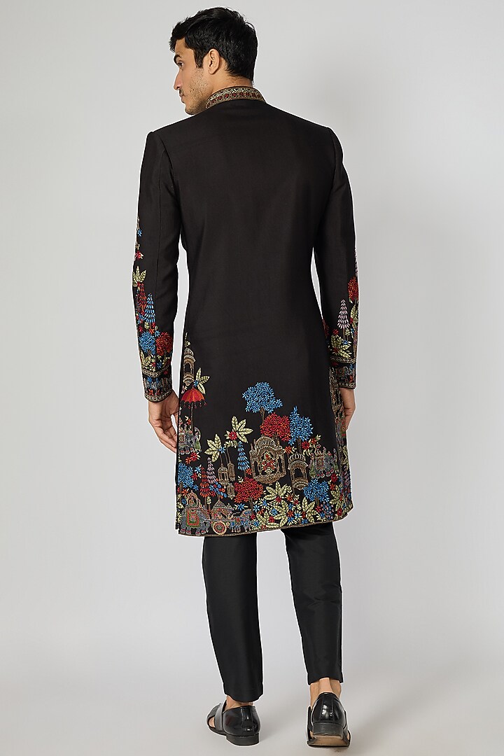 Black Chanderi Cutdana Embroidered Groom Sherwani Set by SAMMOHAN at Pernia's Pop Up Shop
