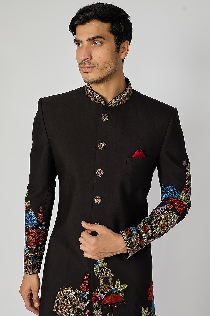 Black Chanderi Cutdana Embroidered Groom Sherwani Set by SAMMOHAN at Pernia's Pop Up Shop