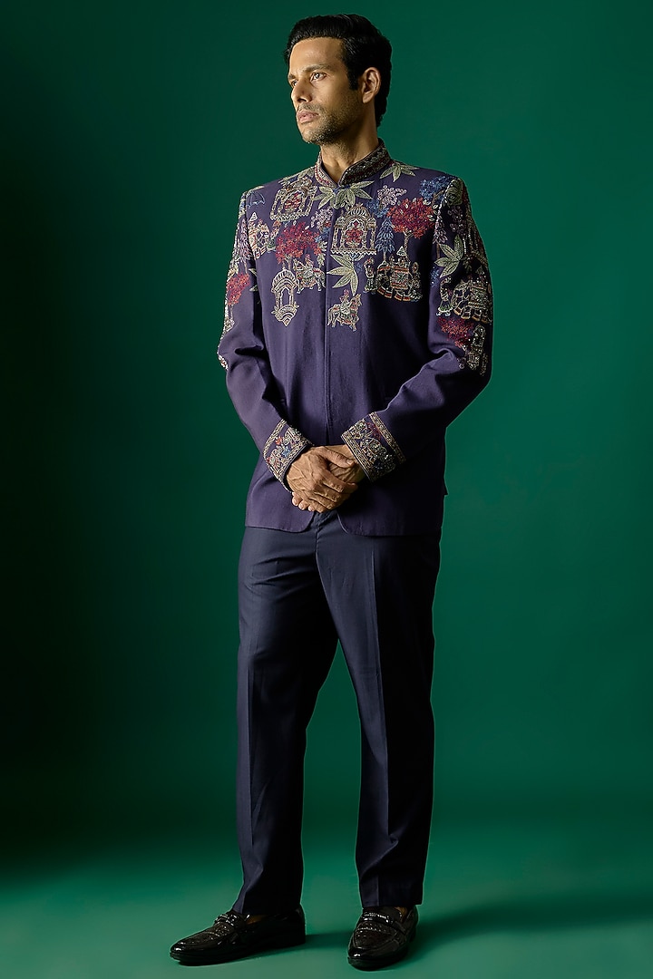 Navy Blue Silk Wedding Bandhgala Set by SAMMOHAN at Pernia's Pop Up Shop
