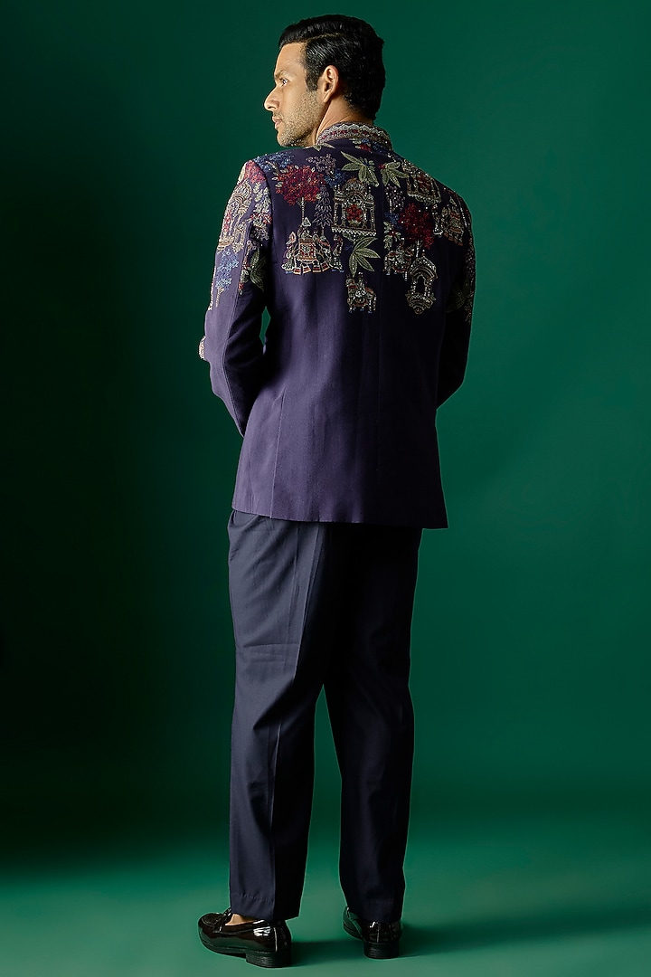Navy Blue Silk Wedding Bandhgala Set by SAMMOHAN at Pernia's Pop Up Shop