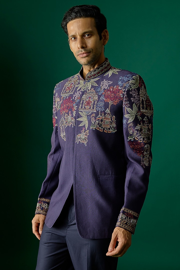 Navy Blue Silk Wedding Bandhgala Set by SAMMOHAN at Pernia's Pop Up Shop