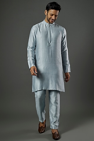 Sky Blue Silk Cotton Kurta Set by ALOUKIK