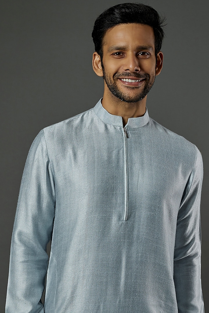 Sky Blue Silk Cotton Kurta Set by ALOUKIK at Pernia's Pop Up Shop