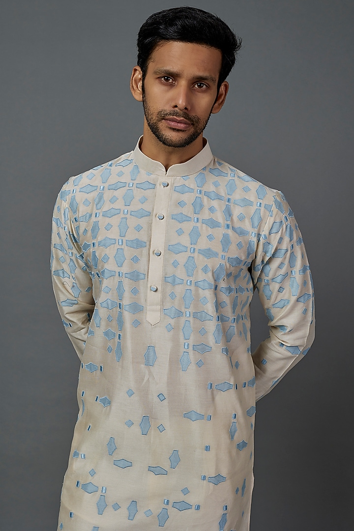 Beige Silk Cotton Patch Work Kurta Set by ALOUKIK at Pernia's Pop Up Shop