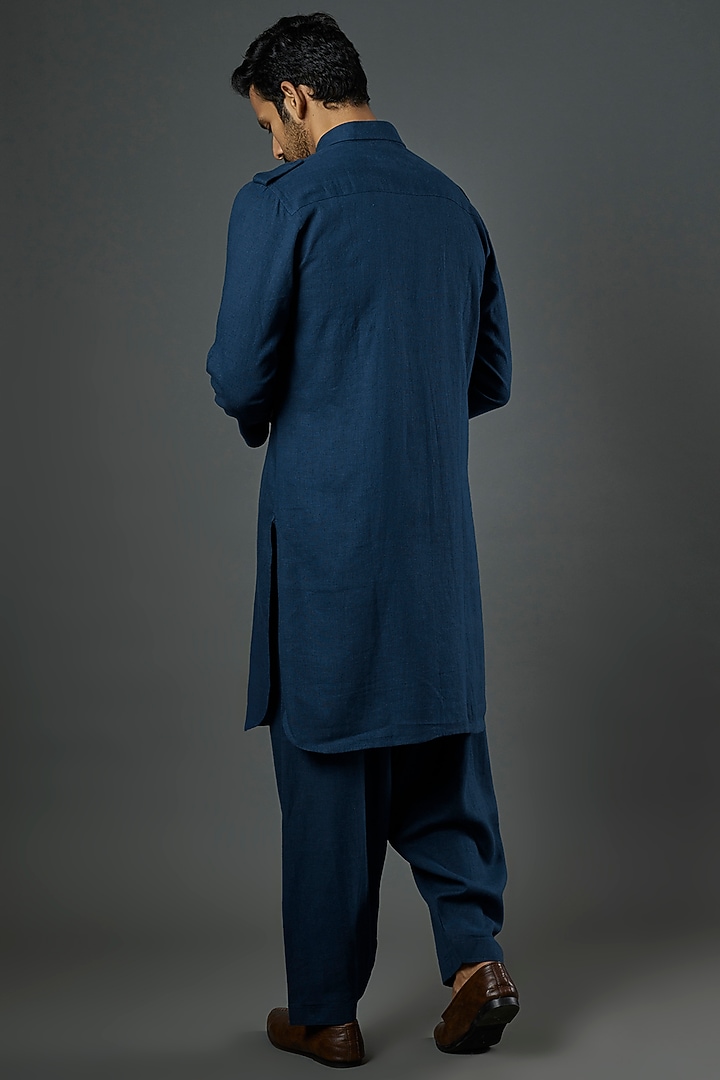 Teal Linen Viscose Kurta Set by ALOUKIK at Pernia's Pop Up Shop