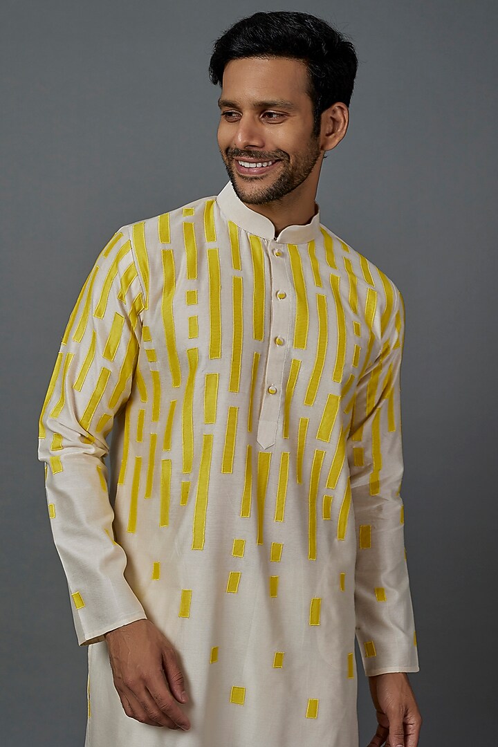 Beige Silk Cotton Patch Work Kurta Set by ALOUKIK at Pernia's Pop Up Shop