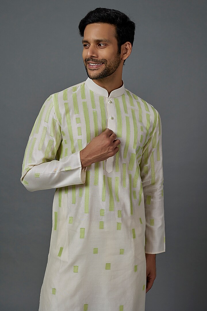 Beige Silk Cotton Patch Work Kurta Set by ALOUKIK at Pernia's Pop Up Shop