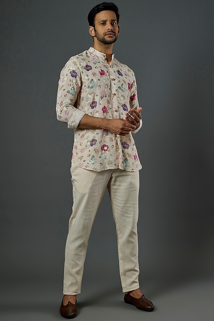 Beige Floral Printed Shirt Set by SAMMOHAN