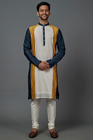 Cobalt Blue Silk Cotton Color Block Kurta Set by ALOUKIK