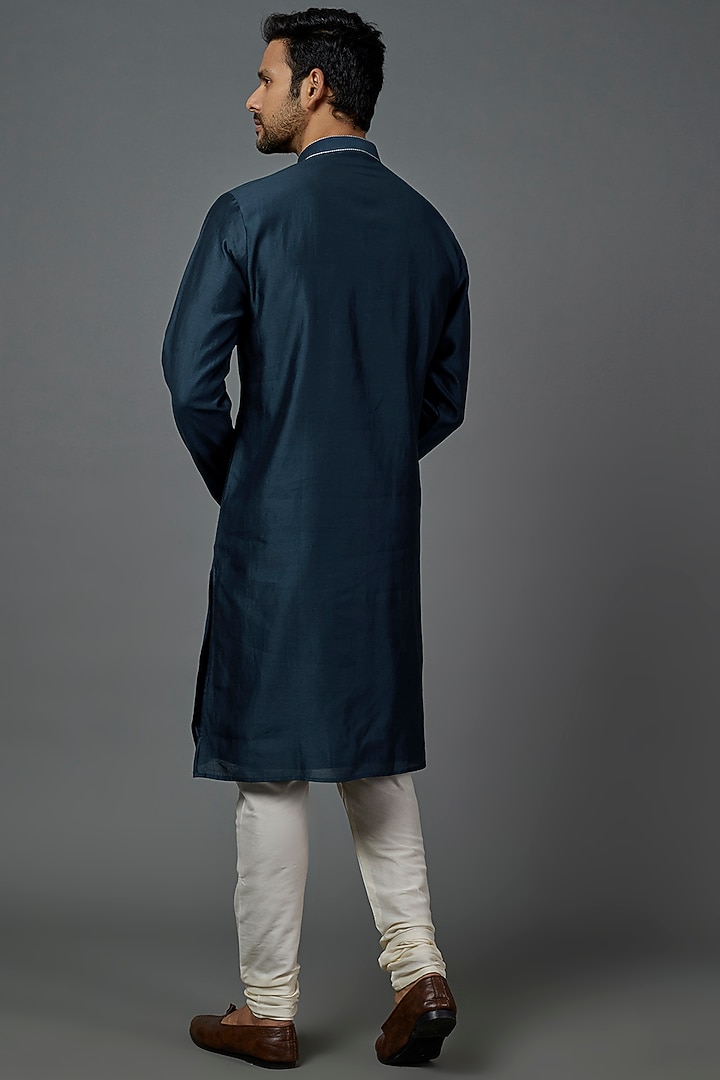Cobalt Blue Silk Cotton Color Block Kurta Set by ALOUKIK at Pernia's Pop Up Shop