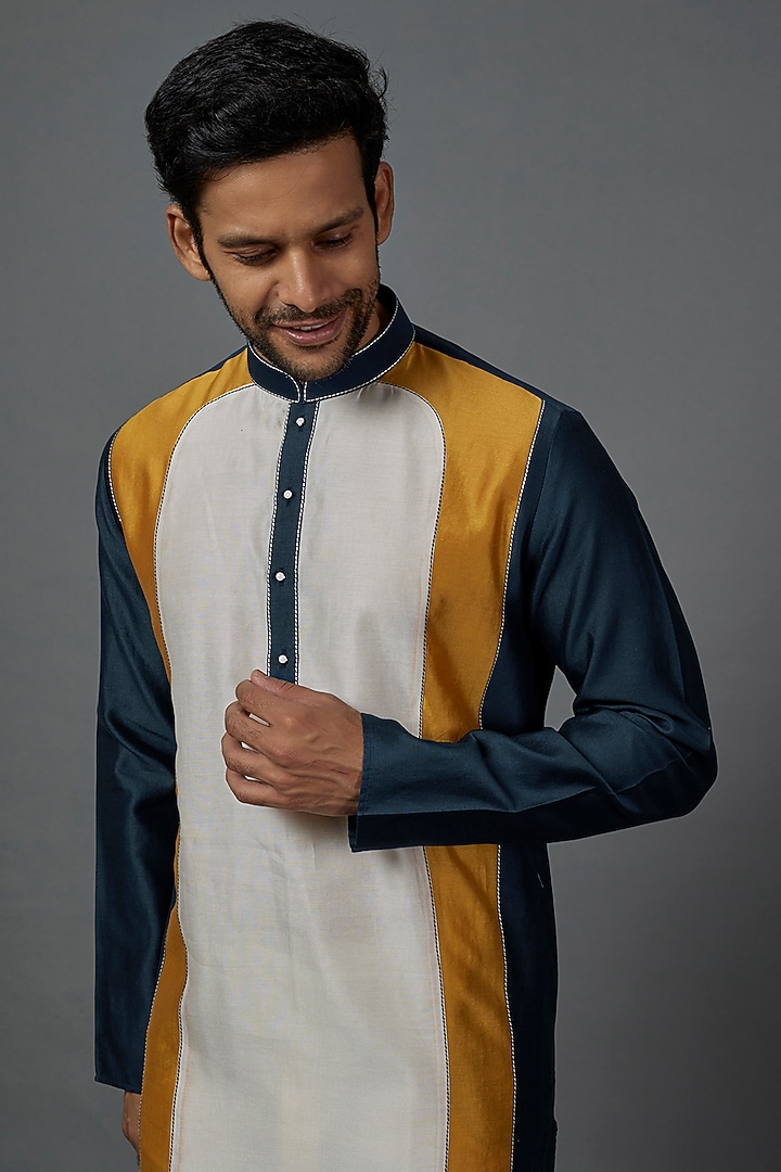 Cobalt Blue Silk Cotton Color Block Kurta Set by ALOUKIK at Pernia's Pop Up Shop