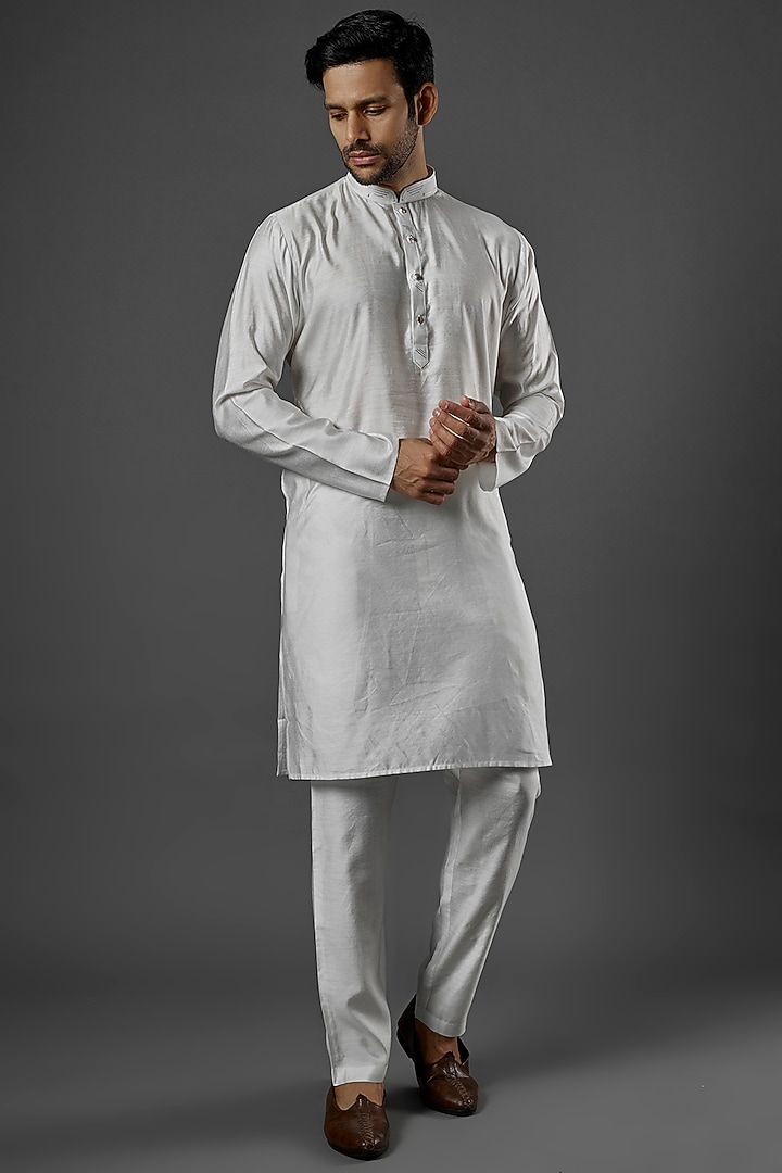 White Silk Cotton Embroidered Kurta Set by ALOUKIK at Pernia's Pop Up Shop