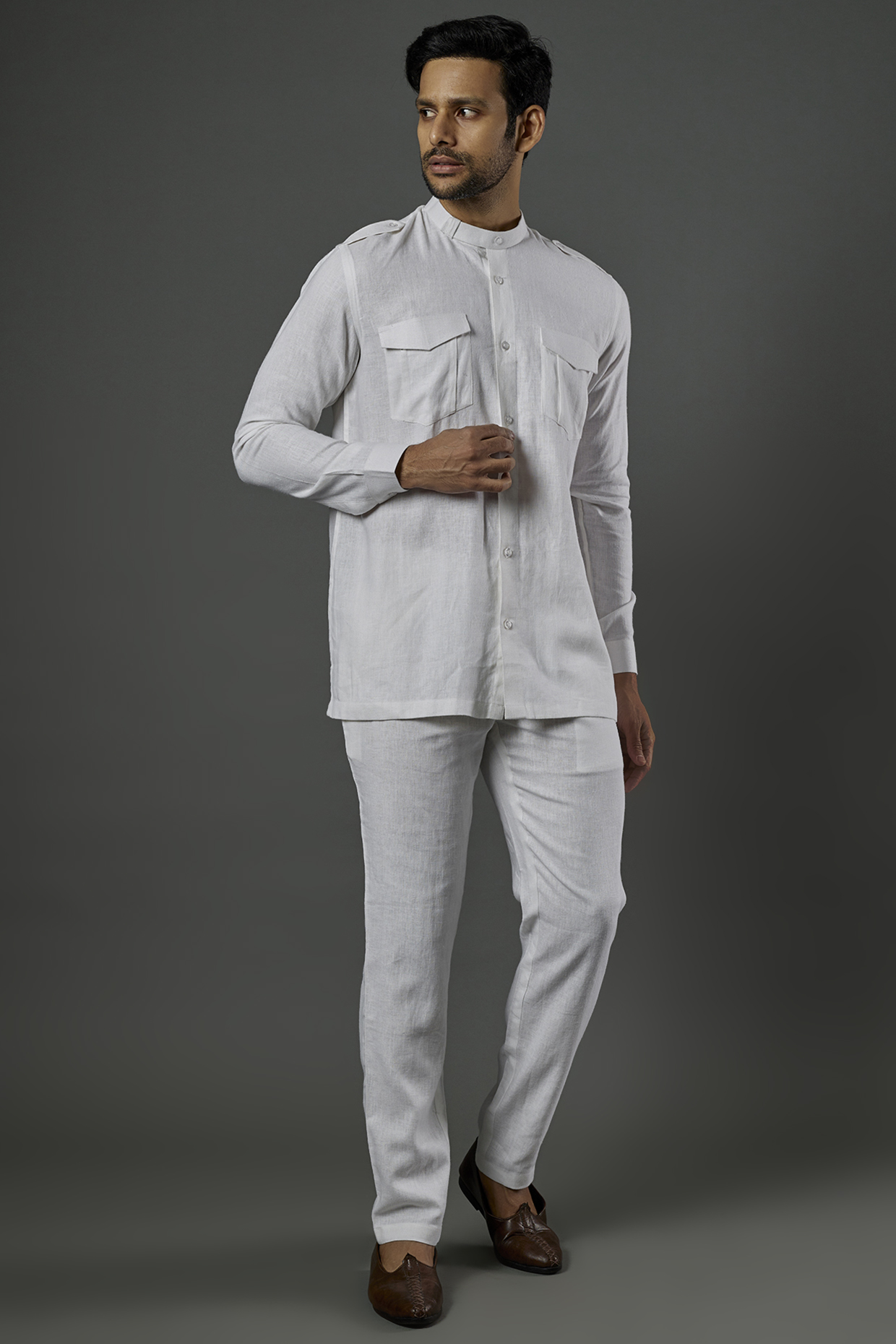 White Linen Viscose Pathani Kurta Set by ALOUKIK at Pernia's Pop Up Shop