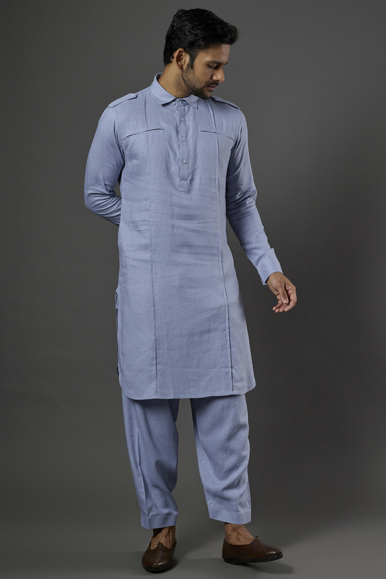 Sky Blue Linen Viscose Pathani Kurta Set by ALOUKIK