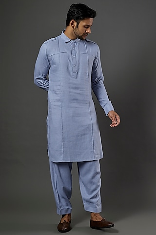 Sky Blue Linen Viscose Pathani Kurta Set by ALOUKIK