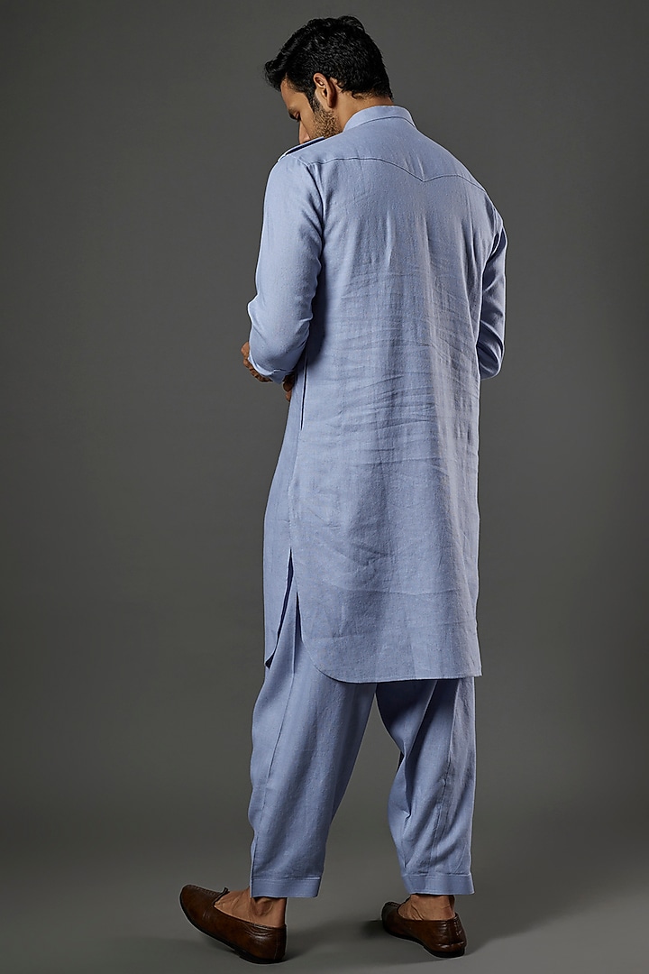 Sky Blue Linen Viscose Pathani Kurta Set by ALOUKIK at Pernia's Pop Up Shop