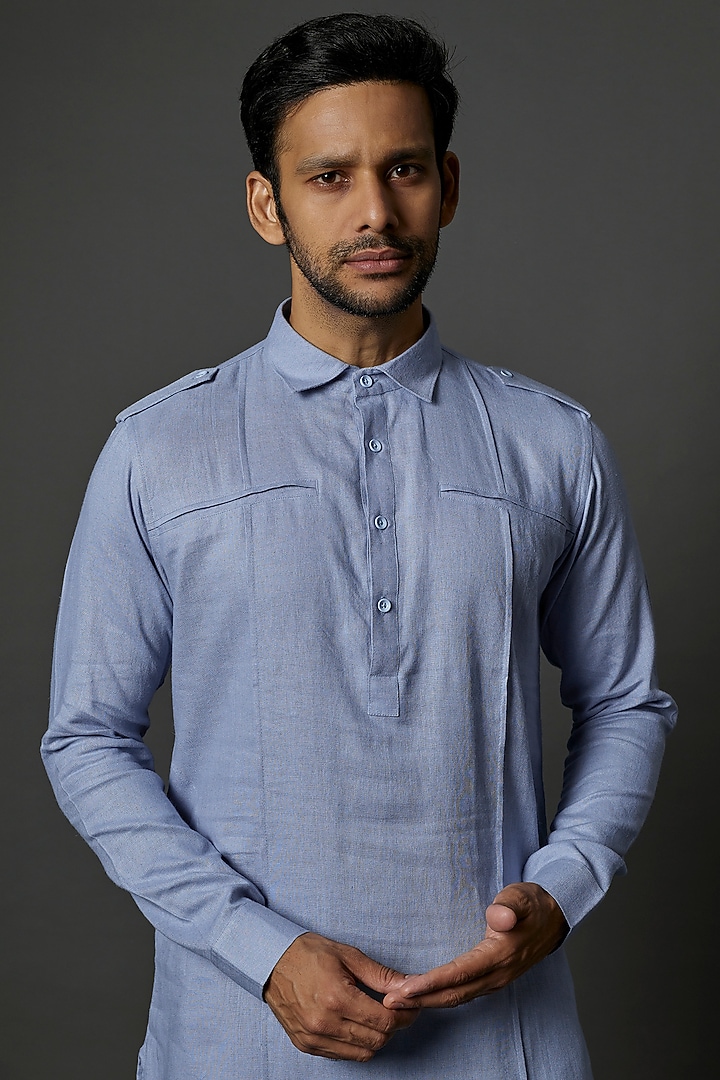 Sky Blue Linen Viscose Pathani Kurta Set by ALOUKIK at Pernia's Pop Up Shop