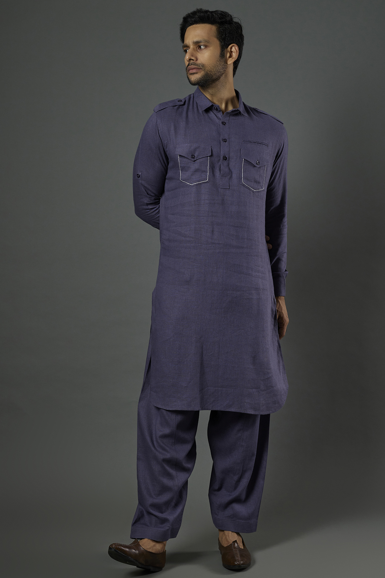 Grey Linen Viscose Pathani Kurta Set by ALOUKIK at Pernia's Pop Up Shop