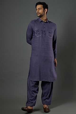 Grey Linen Viscose Pathani Kurta Set by ALOUKIK