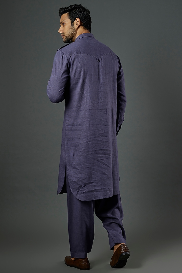 Grey Linen Viscose Pathani Kurta Set by ALOUKIK at Pernia's Pop Up Shop