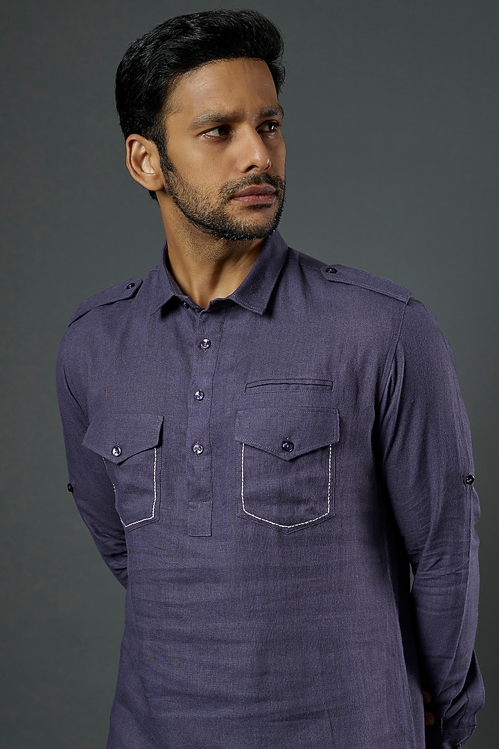 Grey Linen Viscose Pathani Kurta Set by ALOUKIK at Pernia's Pop Up Shop