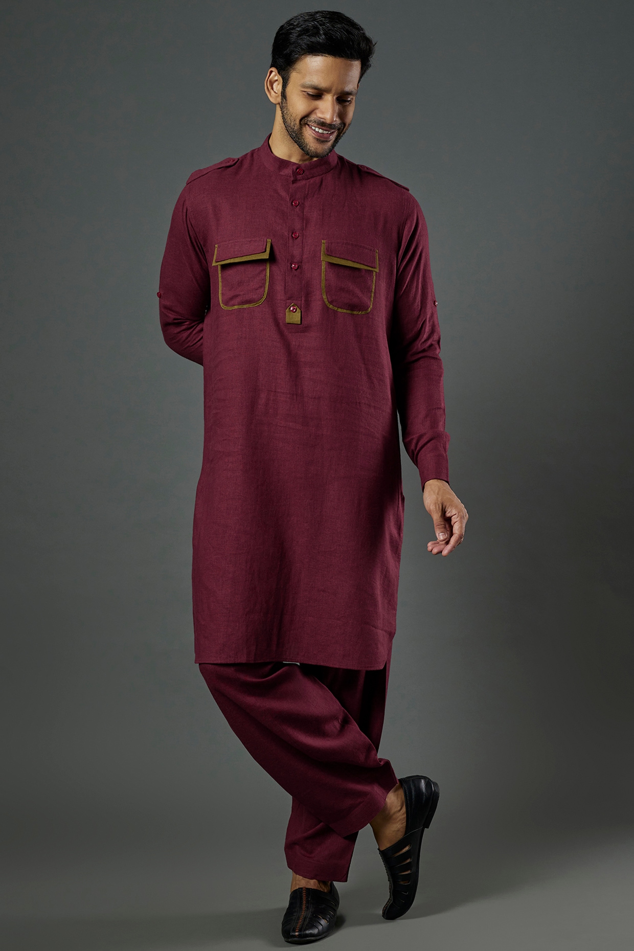 Maroon Linen Viscose Pathani Kurta Set Design by SAMMOHAN at