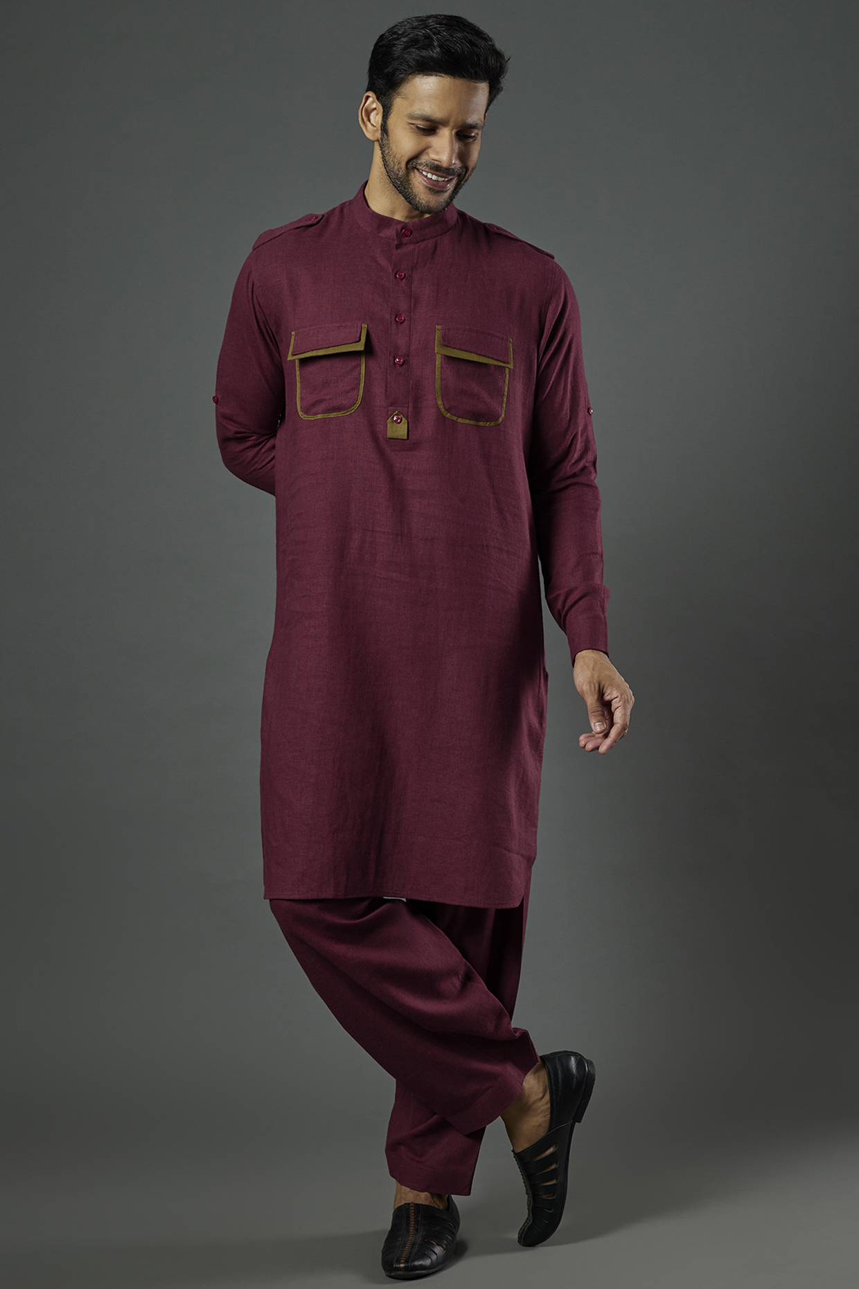 Maroon Linen Viscose Pathani Kurta Set by ALOUKIK at Pernia's Pop Up Shop