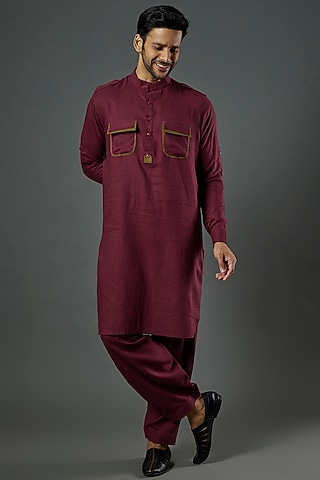 Maroon Linen Viscose Pathani Kurta Set by ALOUKIK