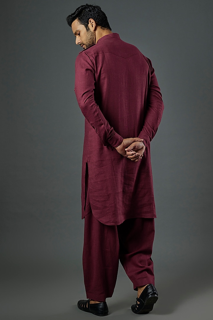 Maroon Linen Viscose Pathani Kurta Set by ALOUKIK at Pernia's Pop Up Shop