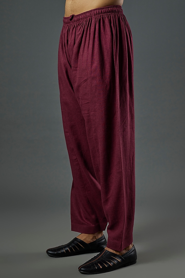 Maroon Linen Viscose Pathani Kurta Set by ALOUKIK at Pernia's Pop Up Shop