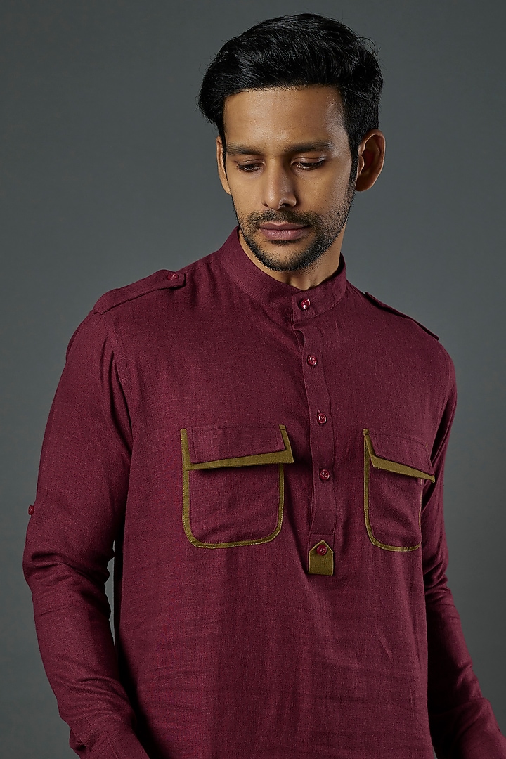 Maroon Linen Viscose Pathani Kurta Set by ALOUKIK at Pernia's Pop Up Shop