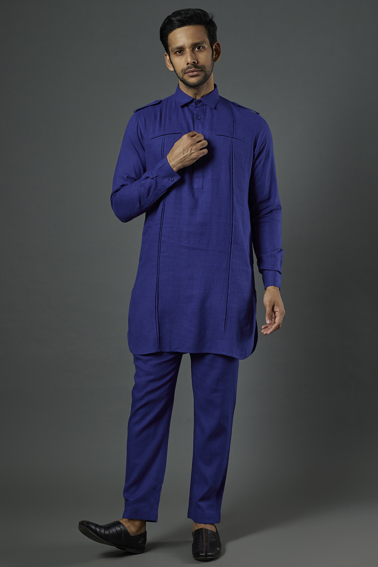 Cobalt Blue Linen Viscose Pathani Kurta Set by ALOUKIK at Pernia's Pop Up Shop