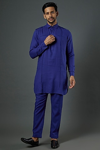 Cobalt Blue Linen Viscose Pathani Kurta Set by ALOUKIK