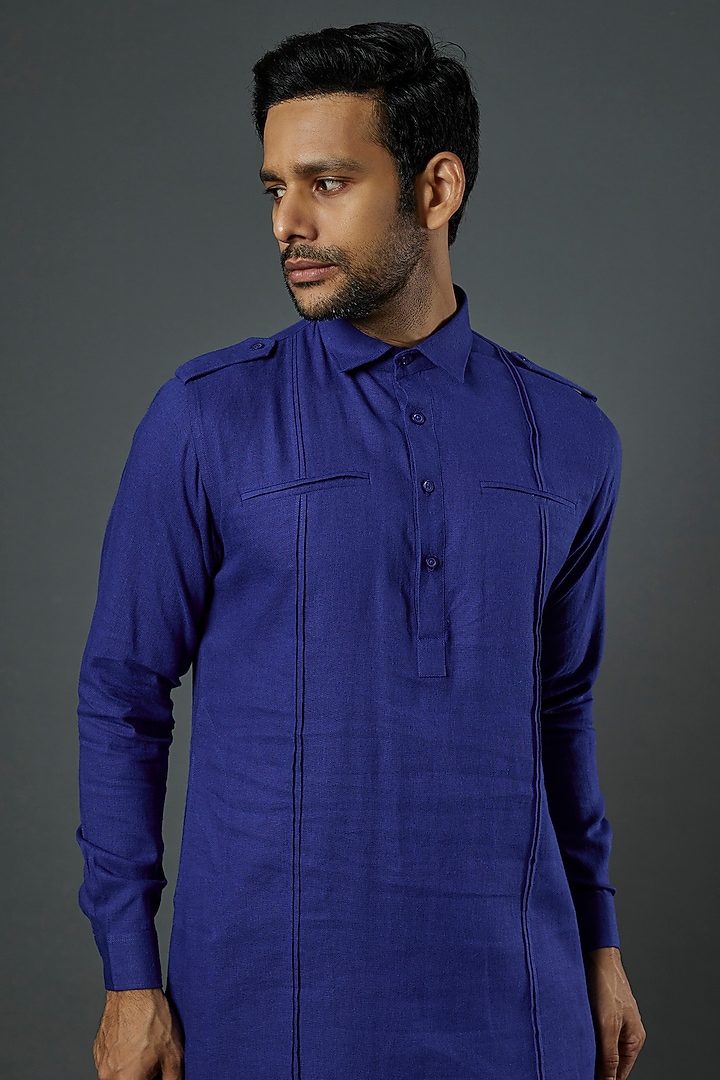 Cobalt Blue Linen Viscose Pathani Kurta Set by ALOUKIK at Pernia's Pop Up Shop
