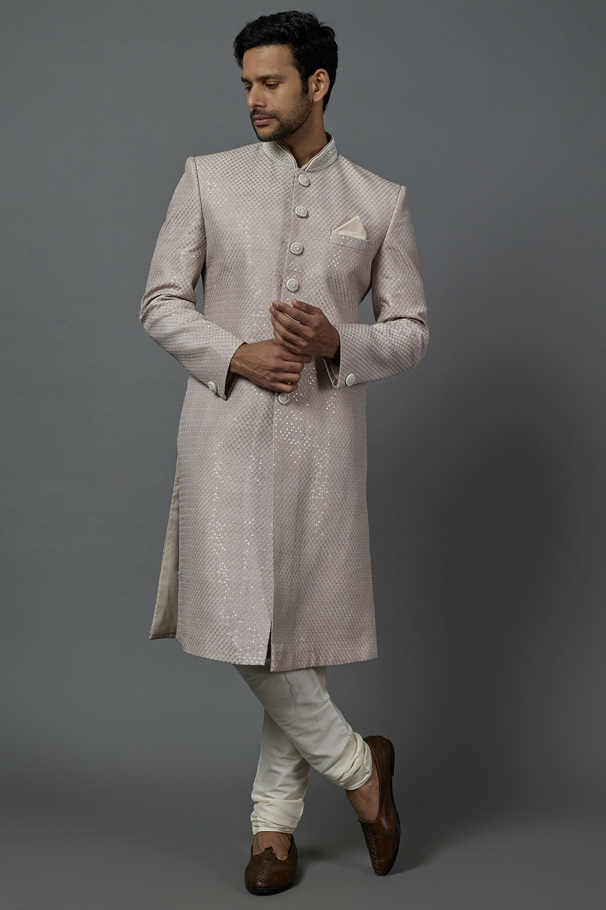 Beige Viscose Silk Sherwani Set by SAMMOHAN