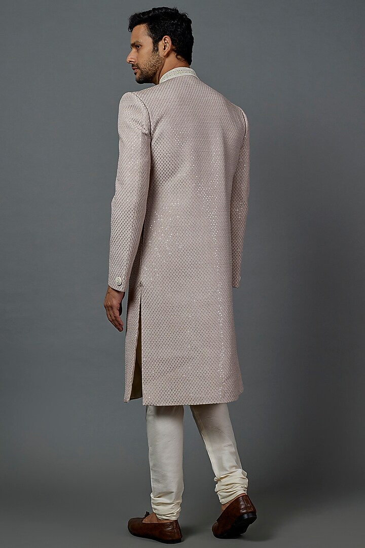 Beige Viscose Silk Wedding Sherwani Set by ALOUKIK at Pernia's Pop Up Shop