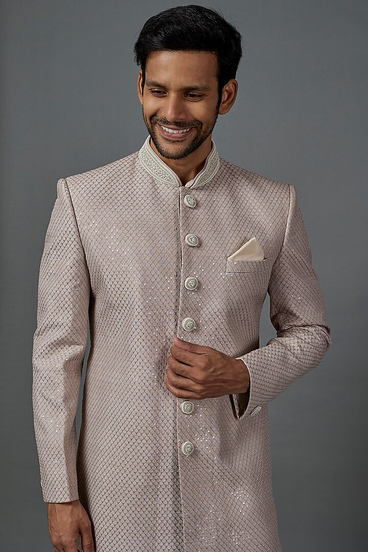 Beige Viscose Silk Wedding Sherwani Set by ALOUKIK at Pernia's Pop Up Shop