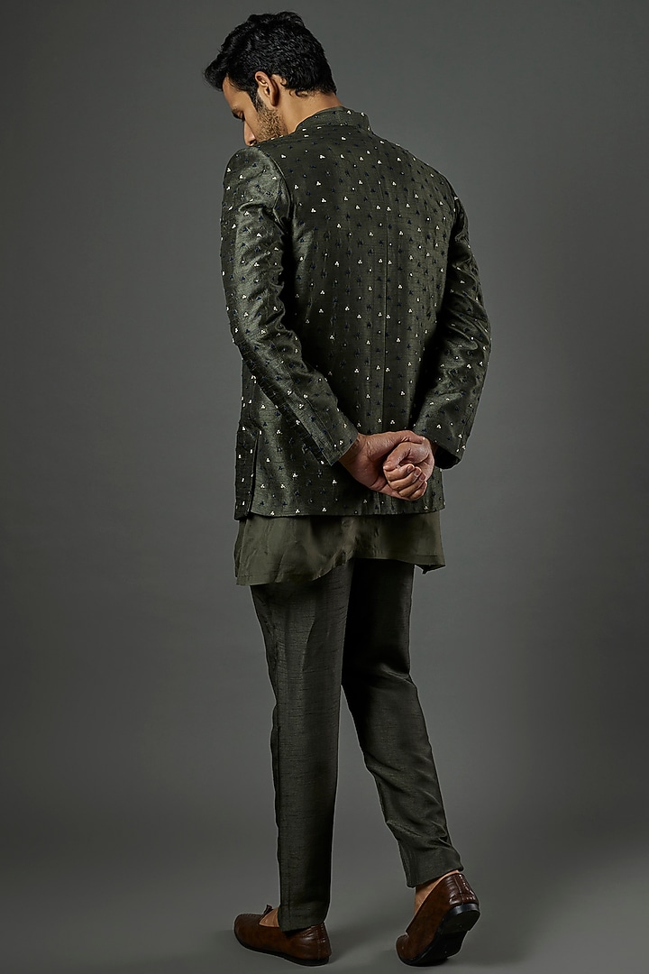 Olive Green Viscose Wedding Indowestern Set by ALOUKIK at Pernia's Pop Up Shop