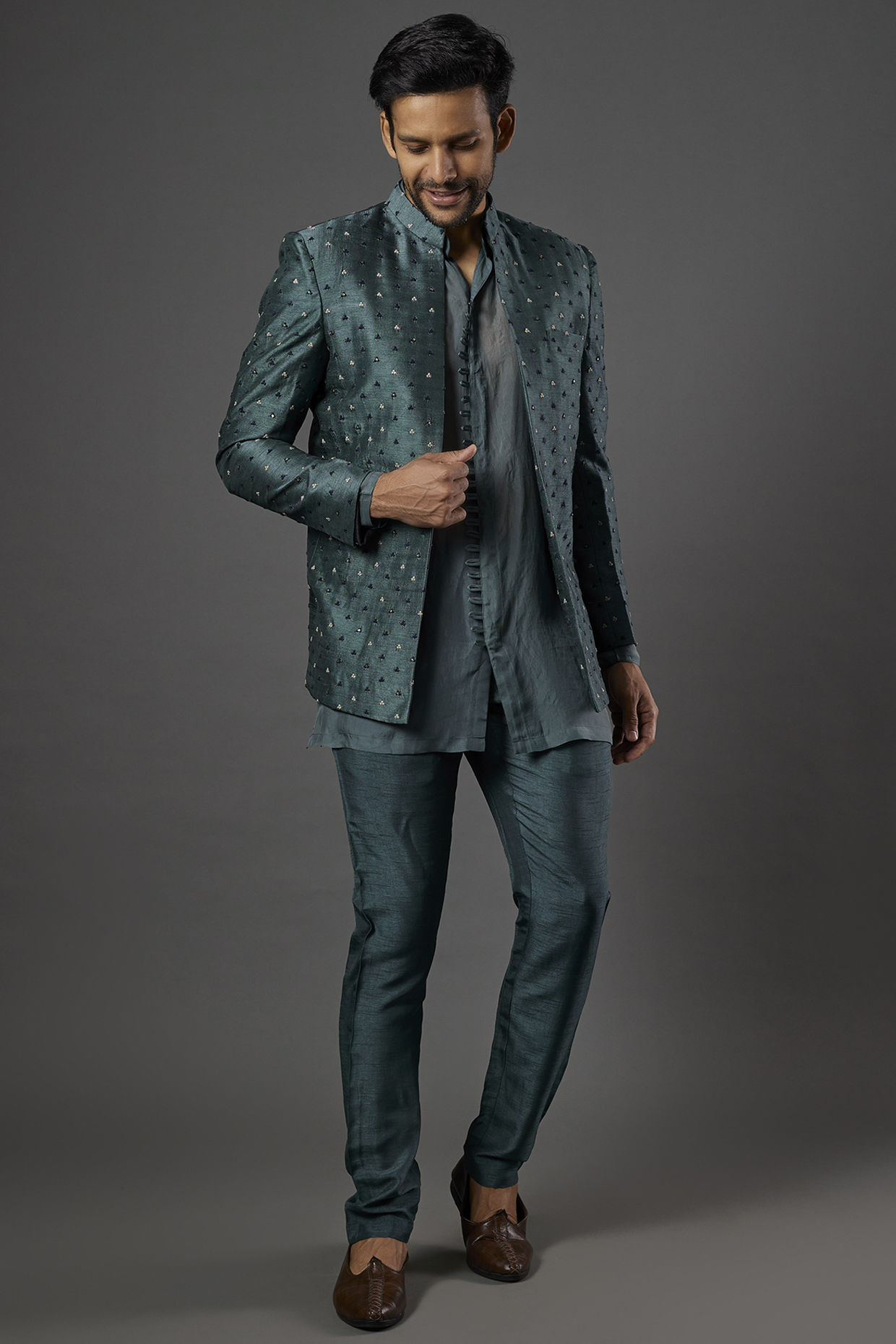 Teal Viscose Silk Wedding Indowestern Set by ALOUKIK at Pernia's Pop Up Shop