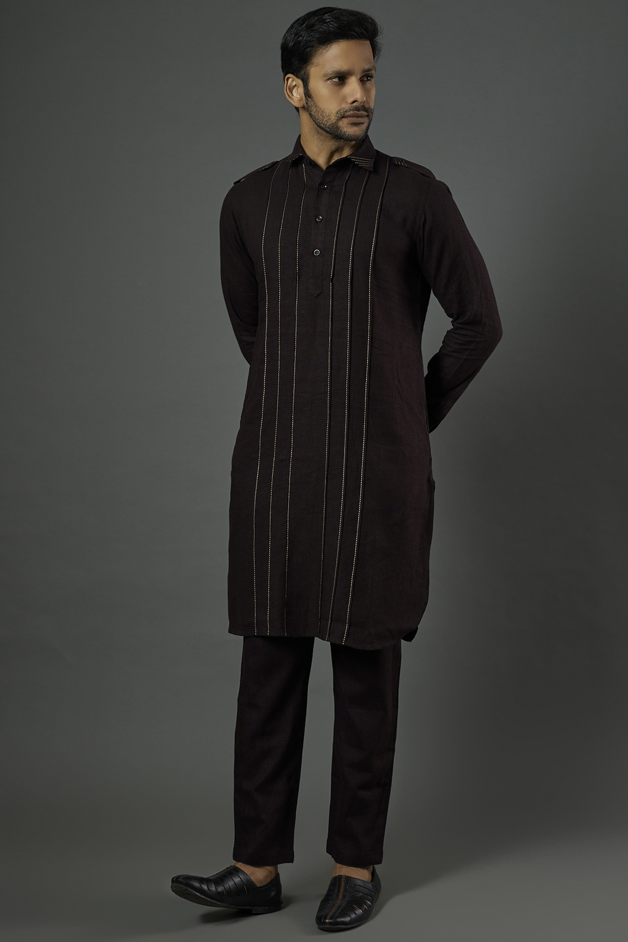 Brown Linen Viscose Pathani Kurta Set by ALOUKIK at Pernia's Pop Up Shop