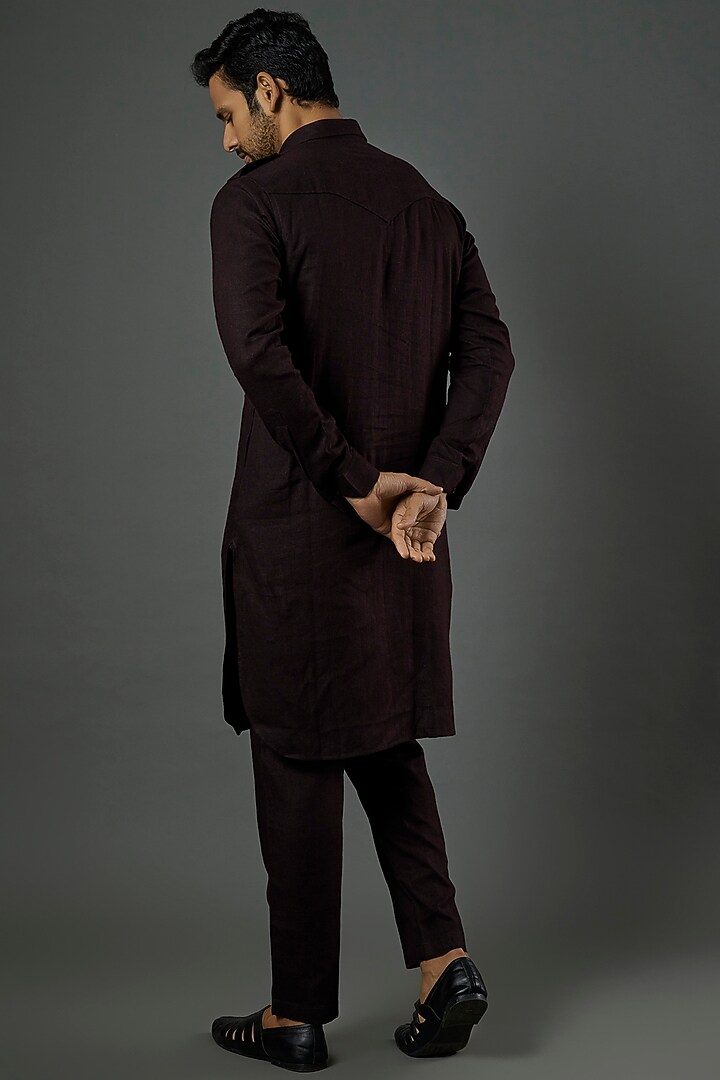 Brown Linen Viscose Pathani Kurta Set by ALOUKIK at Pernia's Pop Up Shop
