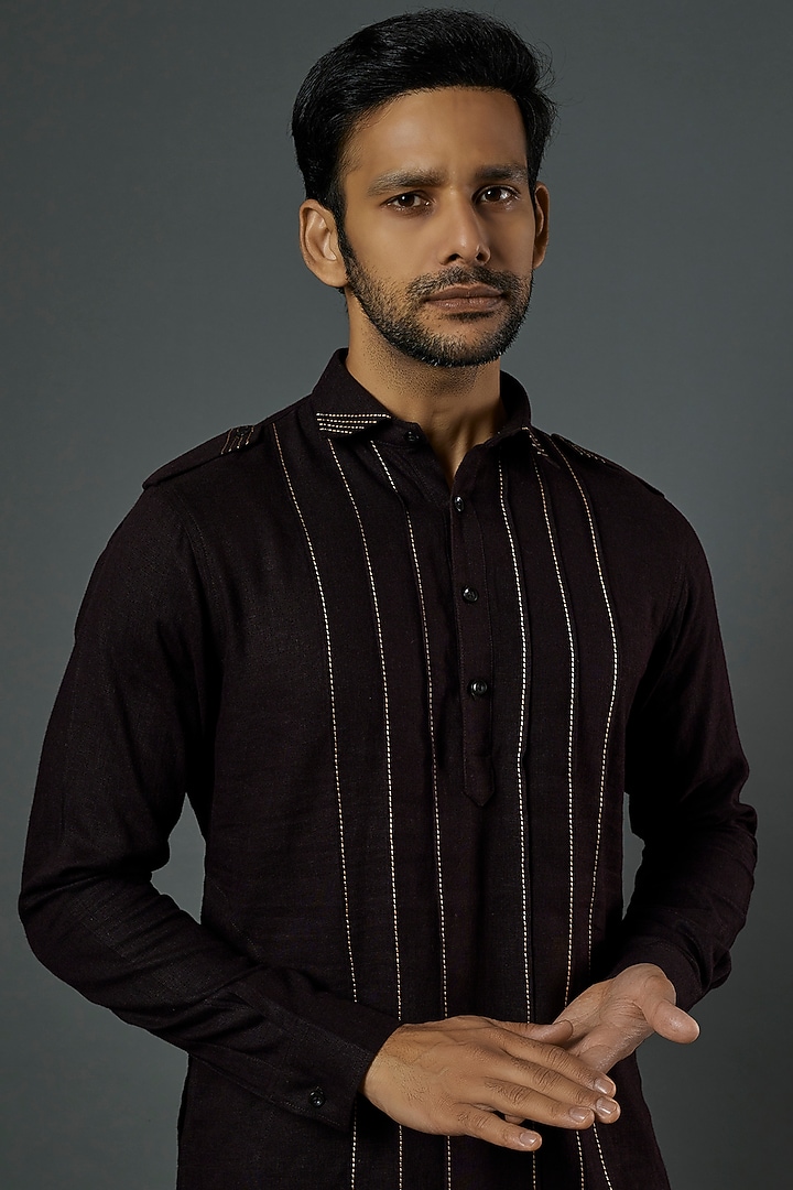 Brown Linen Viscose Pathani Kurta Set by ALOUKIK at Pernia's Pop Up Shop