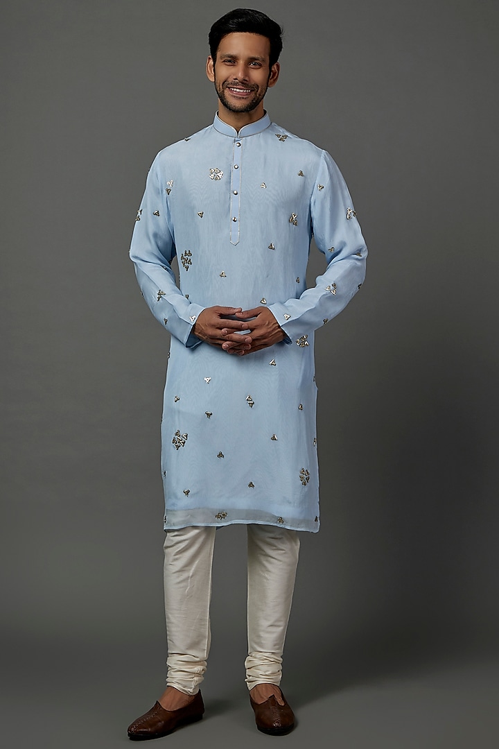 Sky Blue Hand Embroidered kurta Set by ALOUKIK at Pernia's Pop Up Shop