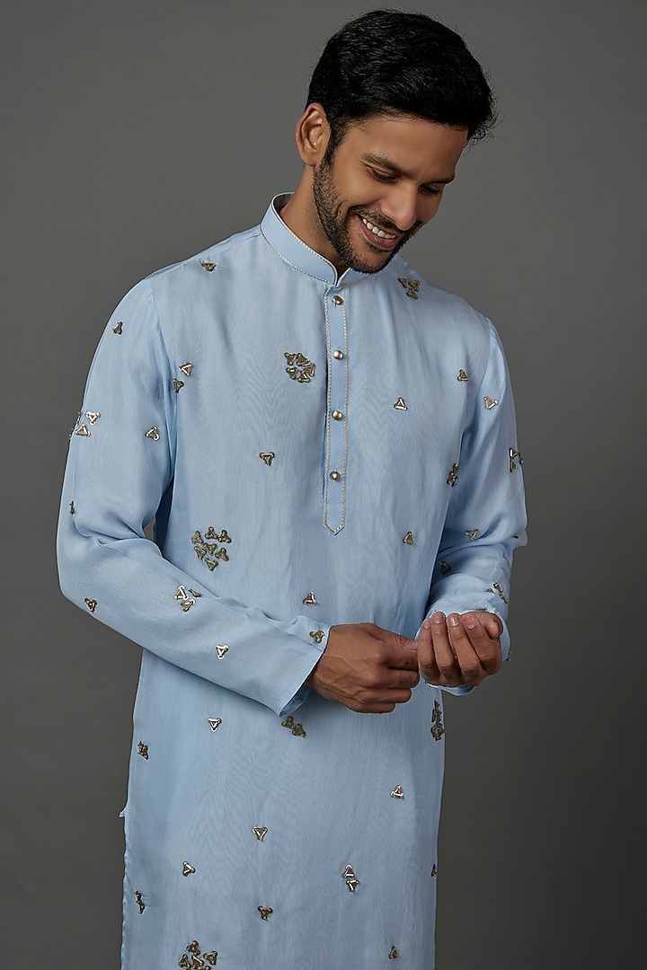 Sky Blue Hand Embroidered kurta Set by ALOUKIK at Pernia's Pop Up Shop