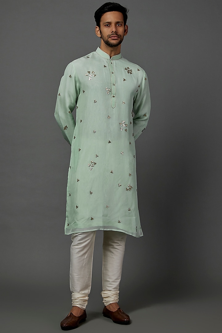 Mint Green Hand Embroidered kurta Set by ALOUKIK at Pernia's Pop Up Shop