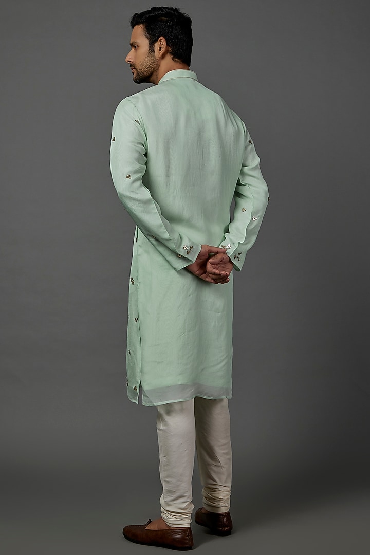 Mint Green Hand Embroidered kurta Set by ALOUKIK at Pernia's Pop Up Shop