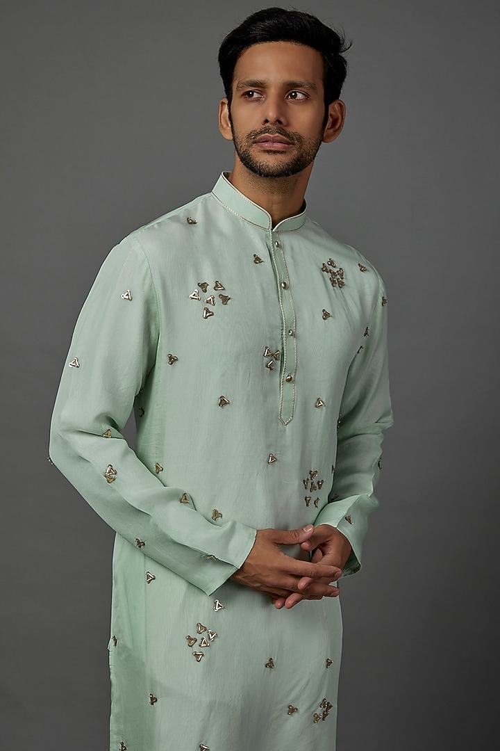 Mint Green Hand Embroidered kurta Set by ALOUKIK at Pernia's Pop Up Shop