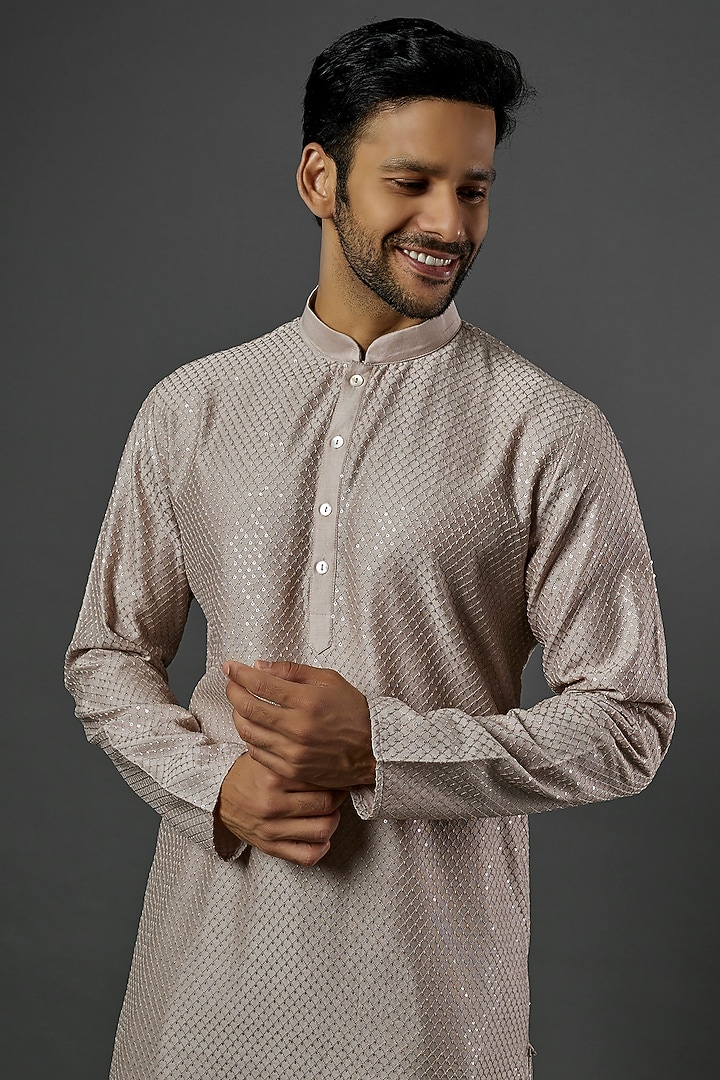 Brown Silk Cotton Machine Embroidered Kurta Set by ALOUKIK at Pernia's Pop Up Shop